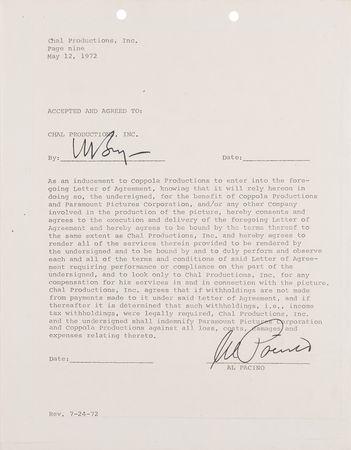 Lot #718 Al Pacino Document Signed for The Godfather Part II - Contract for the Role of Michael Corleone - Image 3