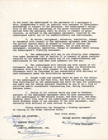 Lot #728 Spencer Tracy Document Signed for Inherit the Wind - Image 1