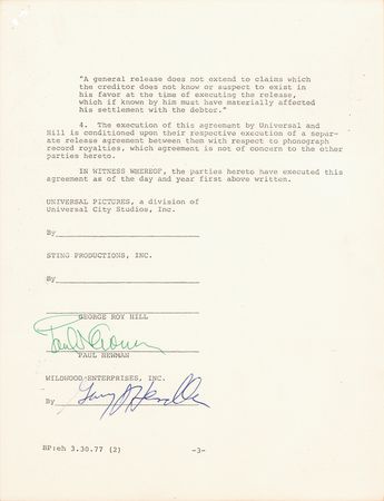 Lot #852 Paul Newman Document Signed for The Sting - Image 4