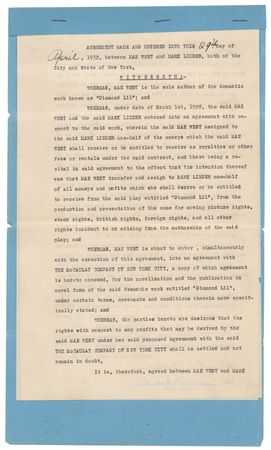 Lot #732 Mae West Document Signed for Diamond Lil - Image 2