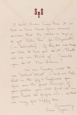 Lot #723 Elizabeth Taylor (3) Autograph Letters Signed to National Velvet Director Clarence Brown: 