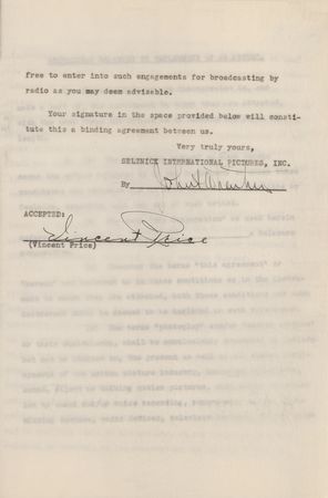 Lot #719 Vincent Price Document Signed for Selznick Screen Test - Image 1