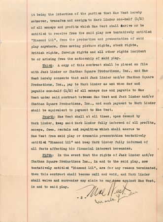 Lot #733 Mae West Twice-Signed Document for Diamond Lil - Image 2