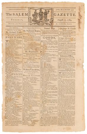 Lot #84 Thomas Jefferson's 'Notes on the Establishment of a Money Unit, and of a Coinage for the United States': Salem Gazette from August 17, 1784 - Image 1