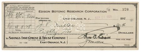 Lot #185 Thomas Edison Signed Check to His