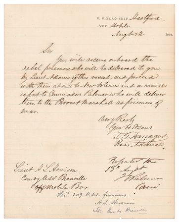 Lot #353 David G. Farragut War-Dated Autograph Letter Signed One Week After the Battle of Mobile Bay, Affirming the Delivery of Over 200 