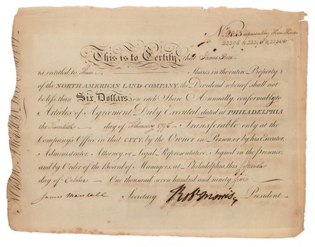 Lot #143 Robert Morris Signed Stock Certificate