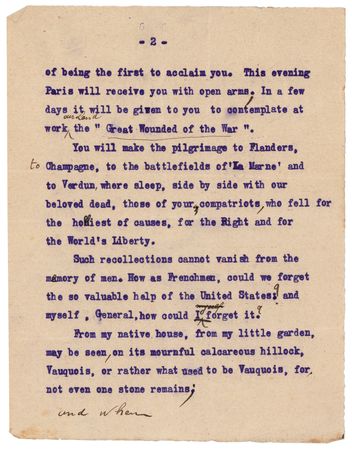 Lot #370 John J. Pershing Signed Typed Speech Draft Honoring the Commander of WWI?s American Expeditionary Forces - Image 2