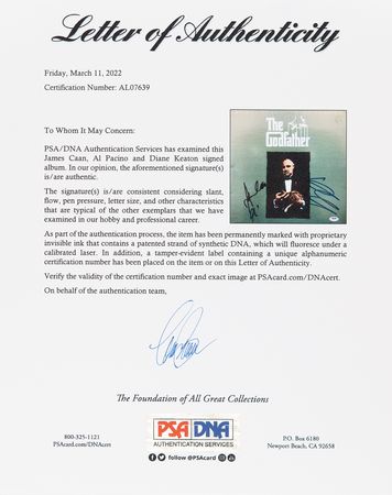 Lot #805 The Godfather: Al Pacino, James Caan, and Diane Keaton Signed LaserDisc Sleeve - Image 2