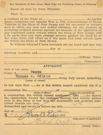 Lot #226 Thomas Edison Document Signed - Electric Vehicle Registration (1914) for His Detroit Electric Model 47 Brougham?an early example of an electric car, powered by Edison nickel-iron batteries - Image 1
