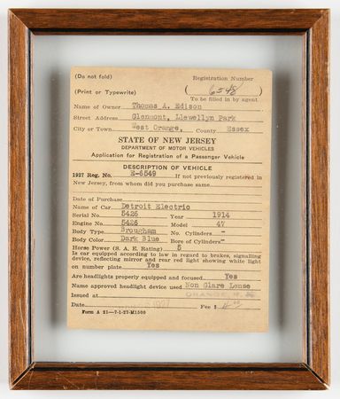 Lot #226 Thomas Edison Document Signed - Electric Vehicle Registration (1914) for His Detroit Electric Model 47 Brougham?an early example of an electric car, powered by Edison nickel-iron batteries - Image 3