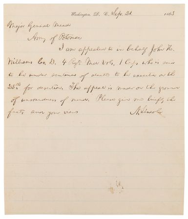 Lot #13 Abraham Lincoln Civil War-Dated Autograph Letter Signed as President to Maj. Gen. Meade on Capital Punishment for an Army Deserter - Image 1