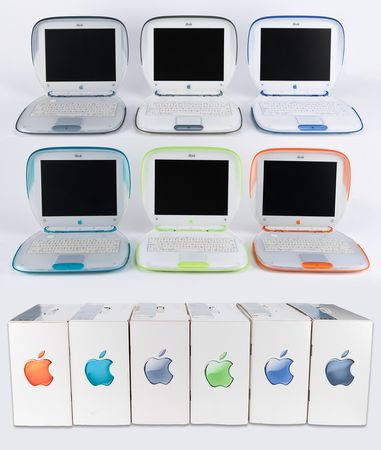Lot #4077 Apple iBook G3 Laptops (6) in All Colors (with Boxes): Blueberry, Tangerine, Graphite, Indigo, and Key Lime - Image 1