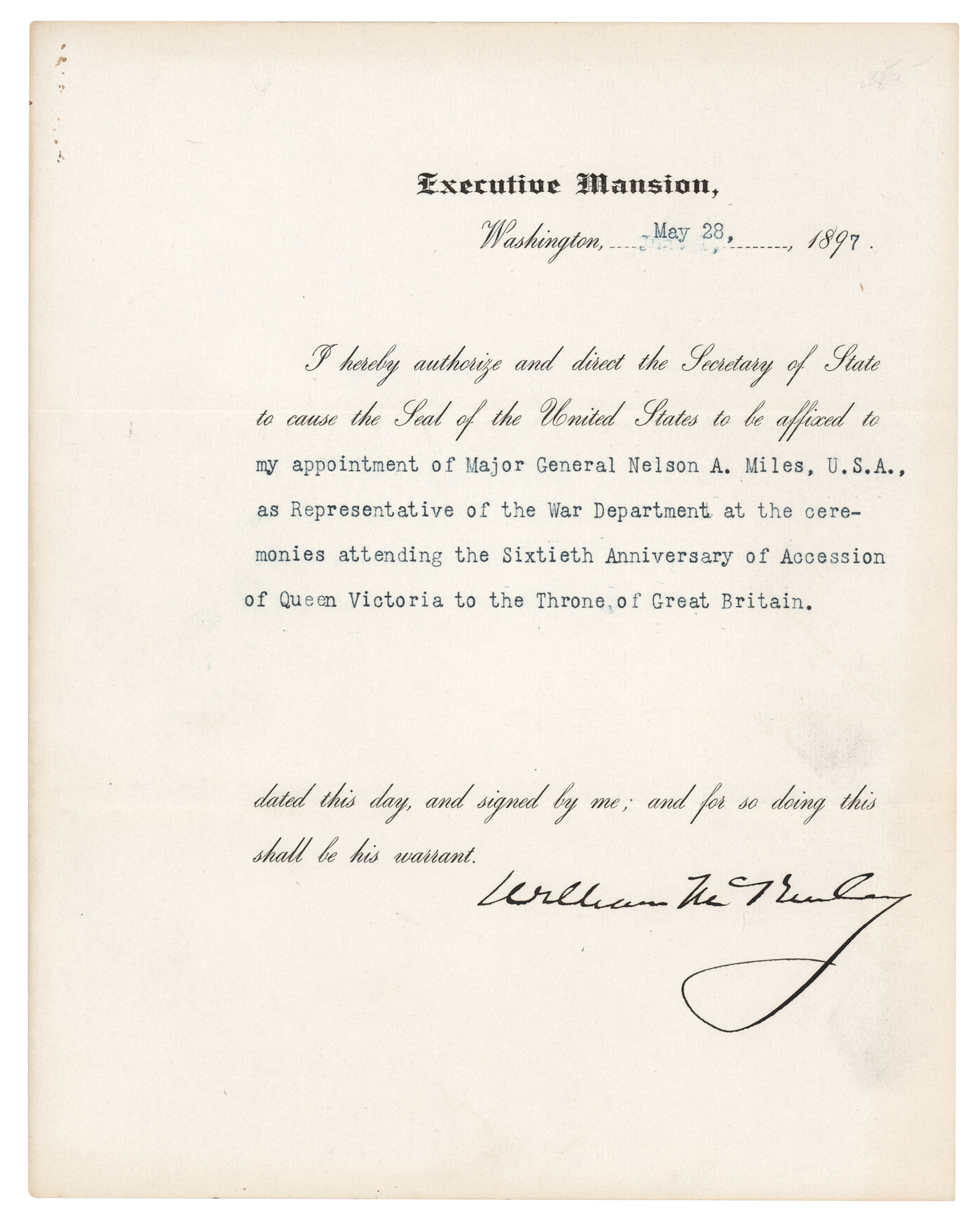 Lot 27 William McKinley Document Signed as President, Assigning Nelson A. Miles to Attend the Diamond Jubilee of Queen Victoria