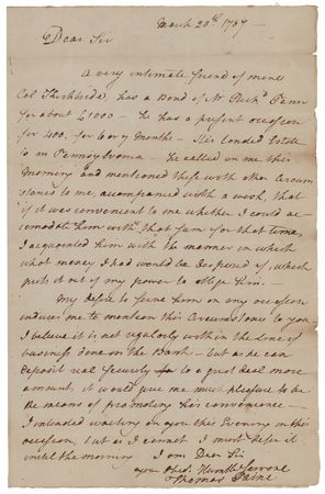 Lot #175 Thomas Paine Rare Autograph Letter Signed, Interceding with the President of the Bank of North America - Image 1