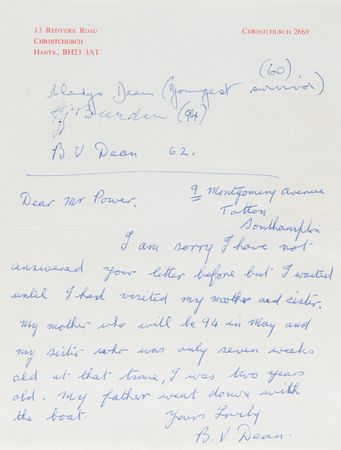 Lot #349 Titanic: Handwritten Letter from Bertram Vere Dean, Signed by His Mother and Sister, Eva Georgette and Millvina Dean - Image 2