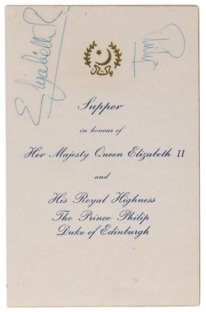 Lot #194 Queen Elizabeth II, Prince Philip, Royal Family Members, and Ayub Khan Rare Signed Official Menu for the Pakistani Foreign Minister (November 24, 1966) - Image 1