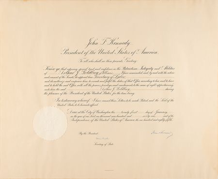 Lot #36 John F. Kennedy Document Signed as President, Appointing Arthur J. Goldberg as 
