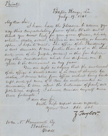 Lot #16 Zachary Taylor Letter Signed on Presidential Ambitions: 