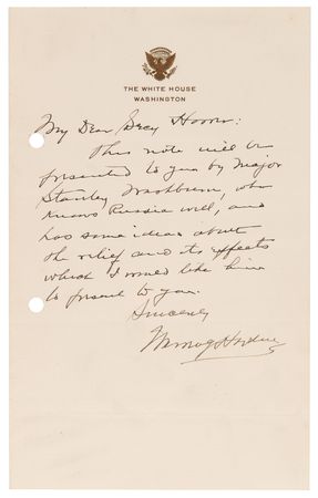 Lot #30 Warren G. Harding Autograph Letter Signed as President, Writing to Herbert Hoover on Russian Relief Efforts - Image 1