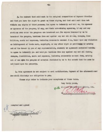 Lot #530 Raymond Chandler Document Signed - Television Contract for the CBS Series 'Danger' - Image 1