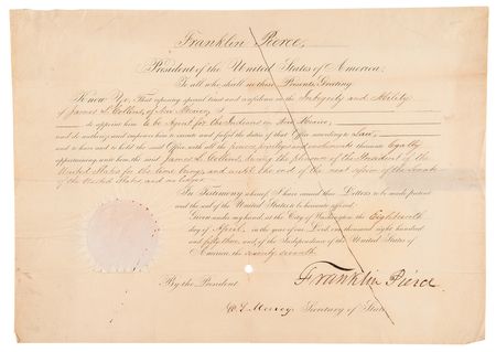 Lot #121 Franklin Pierce Document Signed as President, Appointing an Indian Agent in New Mexico - Image 1