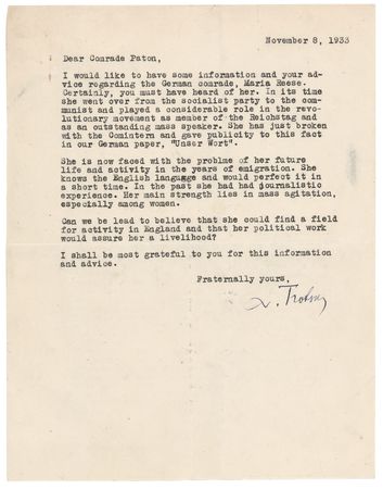 Lot #185 Leon Trotsky Typed Letter Signed on a Communist Activist: 