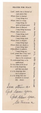 Lot #308 Mother Teresa Signed Prayer Slip - Image 1