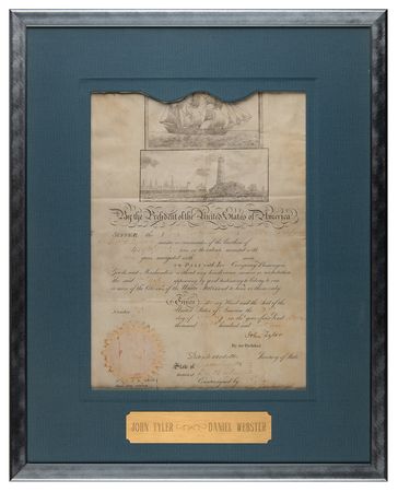 Lot #160 John Tyler and Daniel Webster Document Signed - Scallop-Topped Ship's Pass - Image 1
