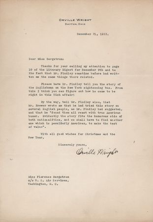 Lot #396 Orville Wright Typed Letter Signed
