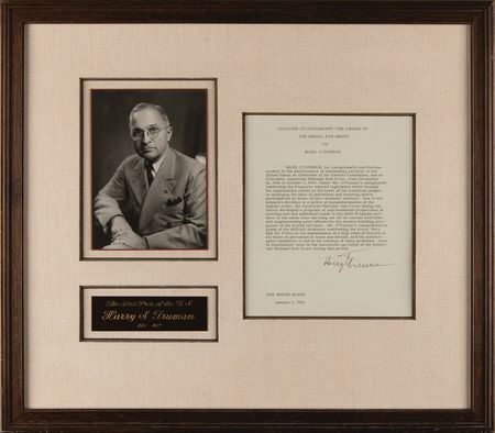 Lot #144 Harry S. Truman Document Signed as President, Presenting the Medal for Merit to Basil O'Connor, the President of the American National Red Cross - Image 1