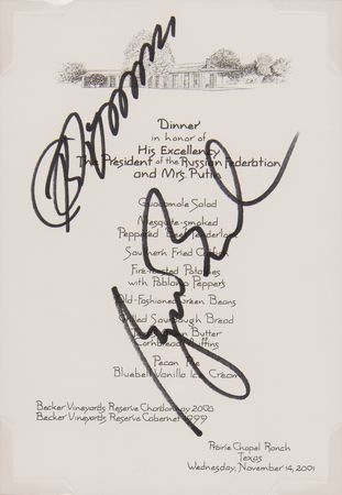 Lot #44 George W. Bush and Vladimir Putin Signed 2001 Dinner Menu as American and Russian Presidents - Image 2