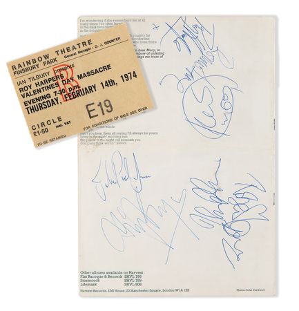 Lot #579 Led Zeppelin Signed Program for Roy Harper’s 1974 ‘Valentine’s Day Massacre' Concert - Image 1
