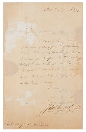 Lot #5005 John Hancock Letter Signed to Arthur St. Clair, Ordering Him to Take Charge at Ticonderoga - Image 2