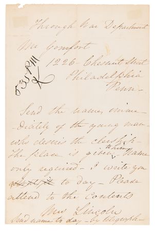 Lot #5016 Mary Todd Lincoln Autograph Letter Signed, Couriered by the War Department - Image 1