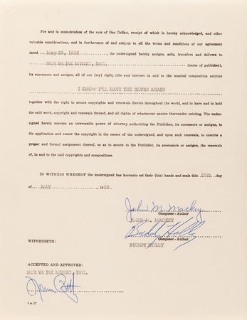 Lot #5074 Buddy Holly and Norman Petty Signed Publishing Contract for 'I Know I?ll Have the Blues Again' - Image 2