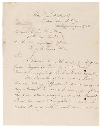 Lot #5019 Lincoln Assassination: Edward D. Townsend Autograph Letter Signed on Imprisonment of Conspirators: 