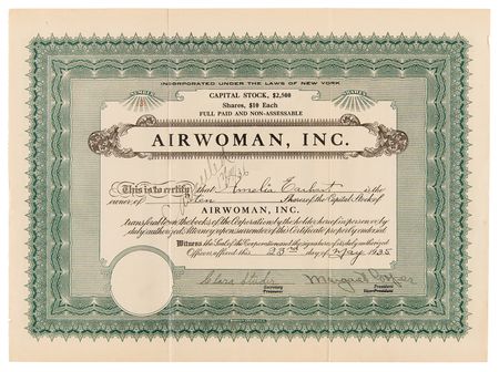 Lot #5087 Amelia Earhart Signed 'Airwoman, Inc.' Stock Certificate - Image 2