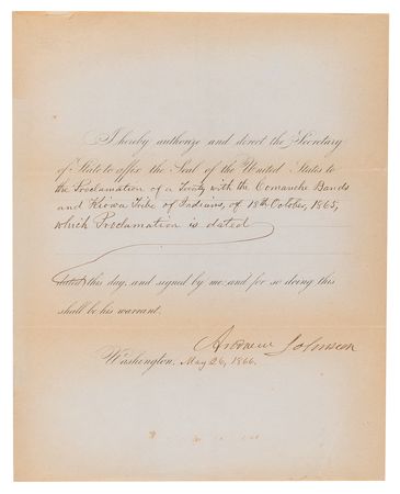 Lot #5025 Andrew Johnson Document Signed as President, Proclaiming a 