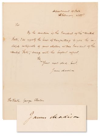 Lot #5011 James Madison Letter Signed to George Clinton, Affirming His Election as Vice President - Image 1
