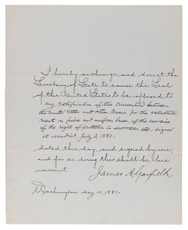 Lot #5028 James A. Garfield Document Signed as President, Ratifying the 1880 Treaty of Madrid - Image 1