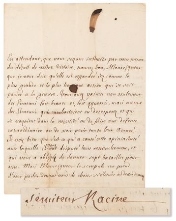 Lot #5061 Jean Racine Autograph Letter Signed on King Louis XIV and Victory at the Battle of Landen: 