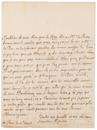 Lot #5061 Jean Racine Autograph Letter Signed on King Louis XIV and Victory at the Battle of Landen: 