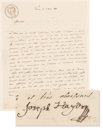 Lot #5070 Franz Joseph Haydn Letter Signed, Declining Membership in the Société Académique des Enfants d’Apollon - Image 1
