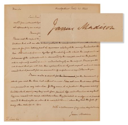 Lot #5012 James Madison Autograph Letter Signed, Explaining His and Thomas Jefferson's Decision to Decline Involvement in the 1824 Presidential Election: 