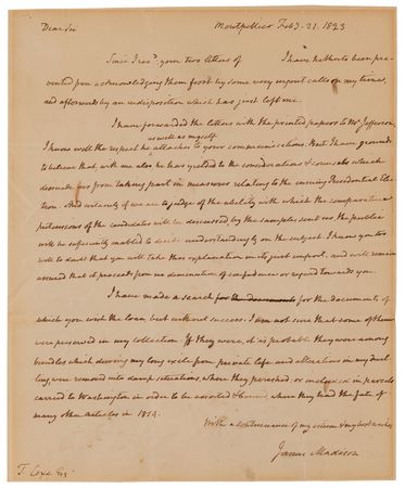 Lot #5012 James Madison Autograph Letter Signed, Explaining His and Thomas Jefferson's Decision to Decline Involvement in the 1824 Presidential Election: 