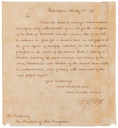 Lot #5010 Thomas Jefferson Letter Signed as Secretary of State, Informing New Hampshire President Josiah Bartlett of Vermont's Admission Into the Union - Image 2