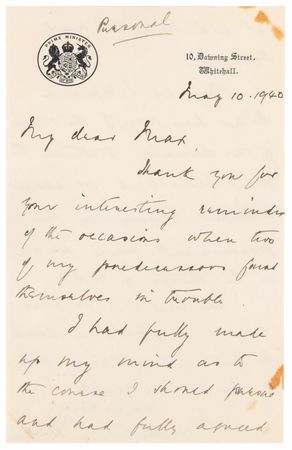 Lot #5064 Neville Chamberlain Autograph Letter Signed on the Day of His Resignation and Nazi Germany’s Invasion of France - 