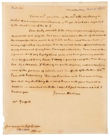 Lot #5 James Madison Autograph Letter Signed on US Constitution, Declining to Opine on 