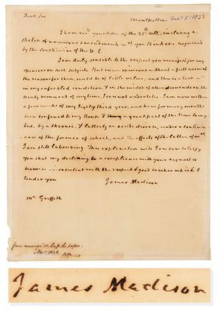 Lot #5 James Madison Autograph Letter Signed on US Constitution, Declining to Opine on 